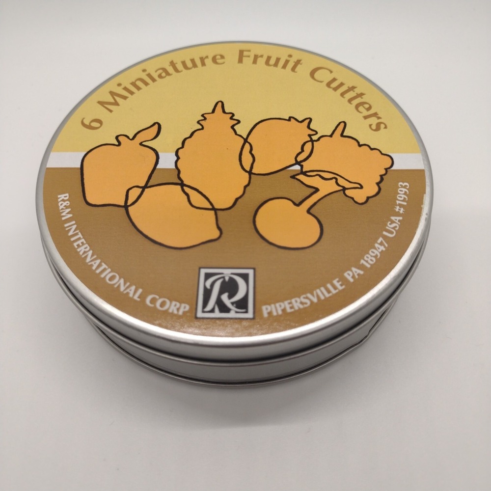 R&M International 6 Miniature Fruit Cookie Cutters 1993 Vintage Tin Set 1993